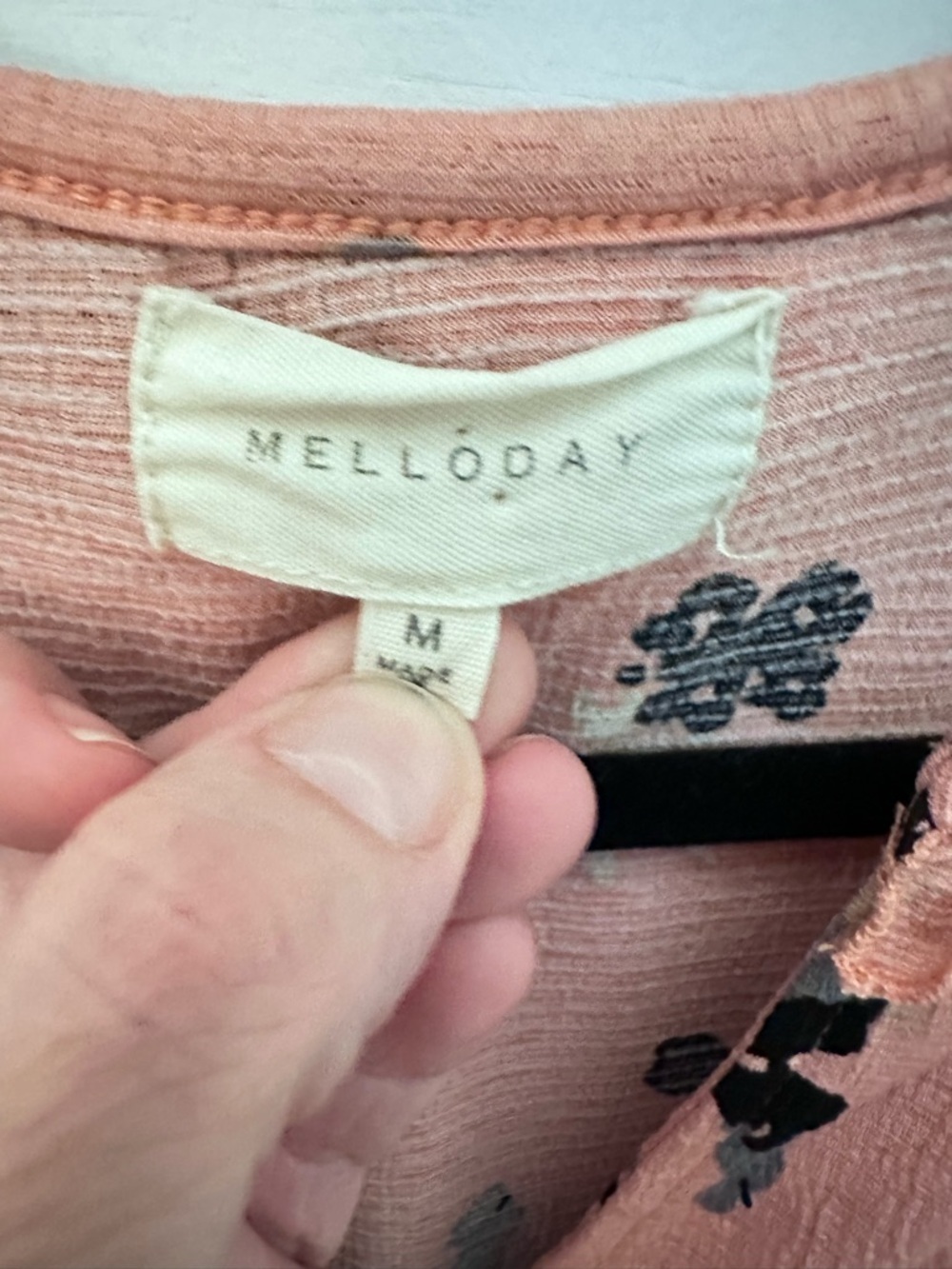 MELLODAY M peach floral ruffle V neck long sleeve blouse cottagecore shabby chic - Picture 11 of 12